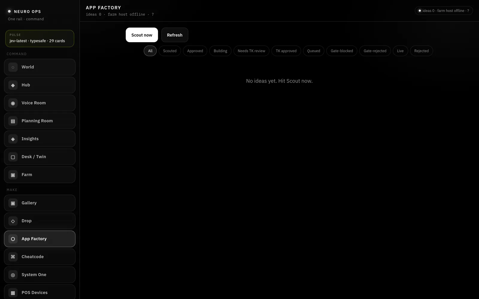 App Factory on a MacBook, empty state before the first scout run