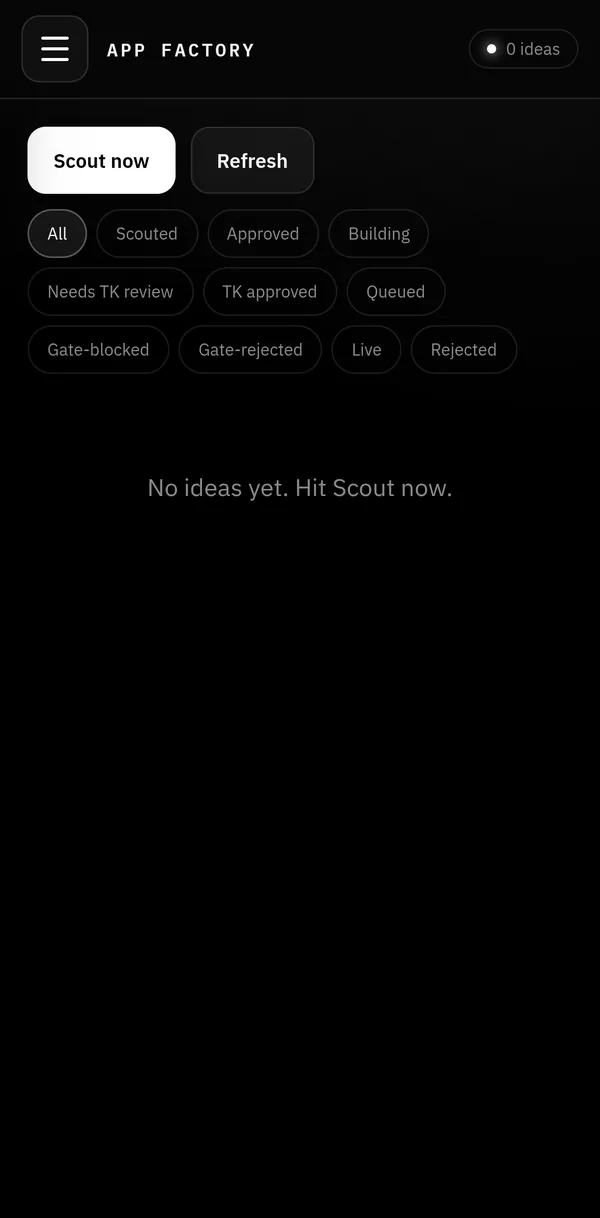 App Factory on iPhone, empty idea queue
