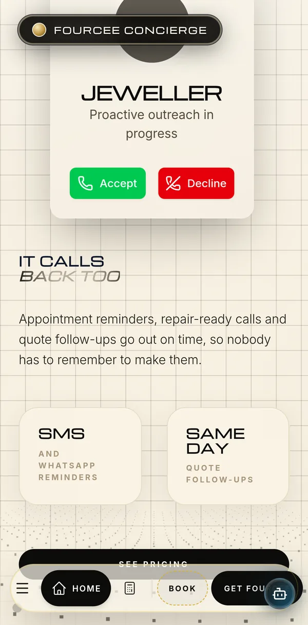 Fourcee on iPhone: the call-back feature with a live outreach card