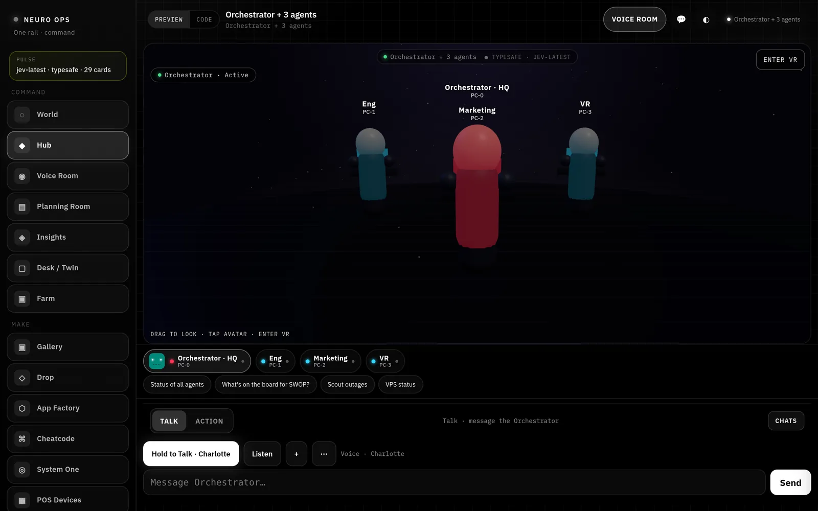 Neuro Ops agent hub on a MacBook, local build with blank data